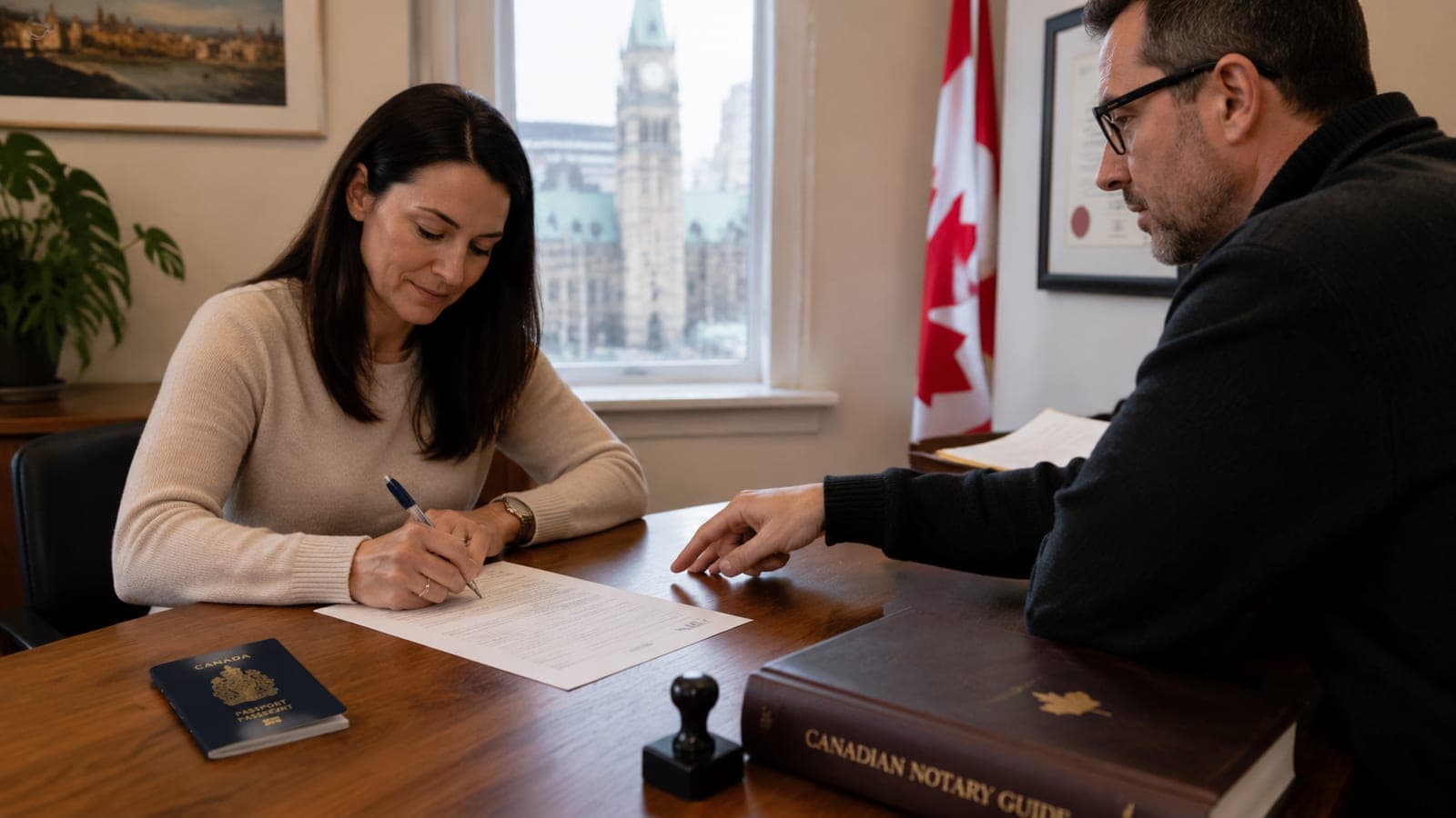 A witness preparing to sign Form 74.8 affidavit of execution while a notary explains the jurat across a wooden desk in Ottawa