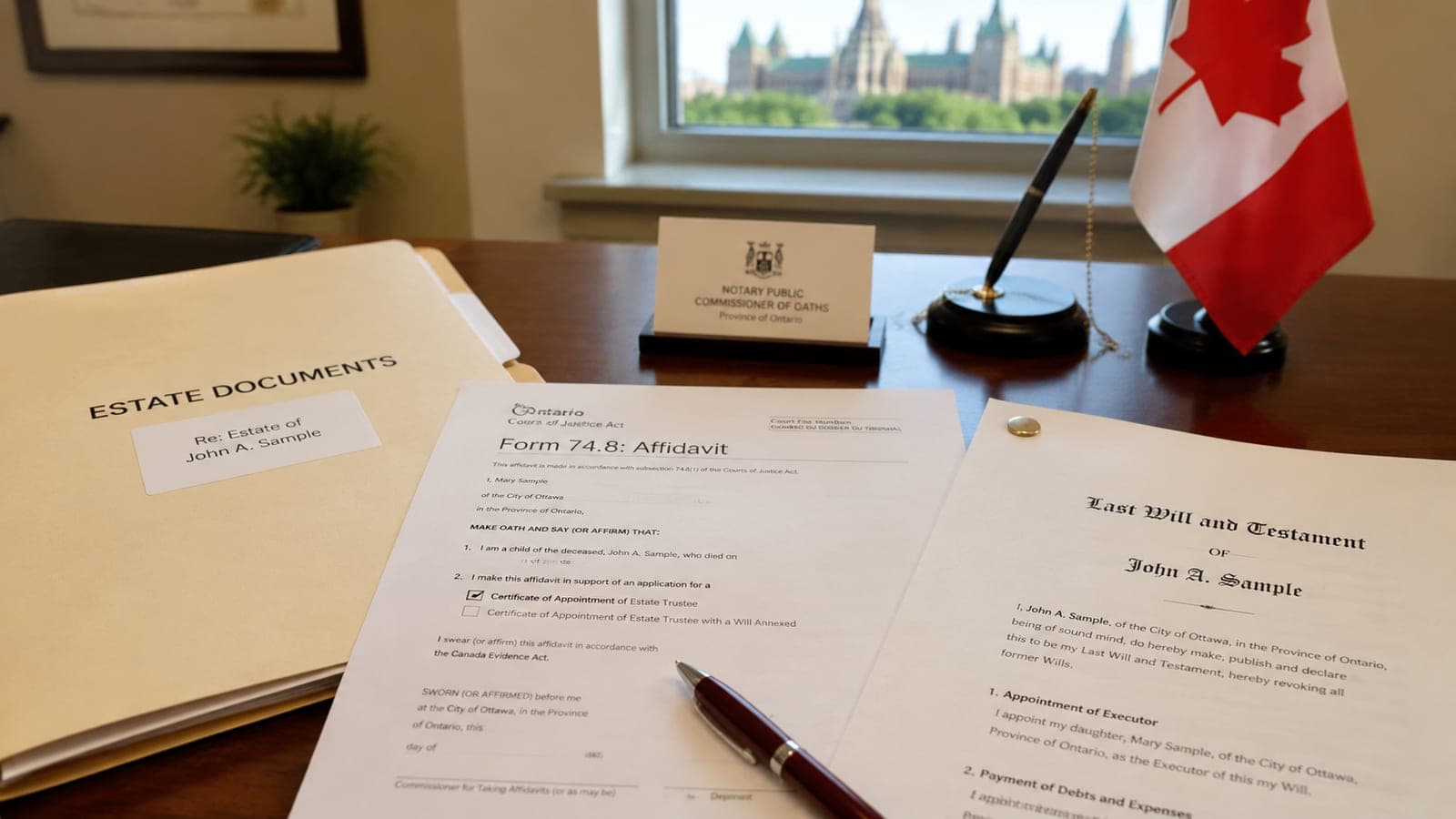 A folder of estate documents, a Form 74.8 affidavit, and a will laid out on a desk in an Ottawa notary office