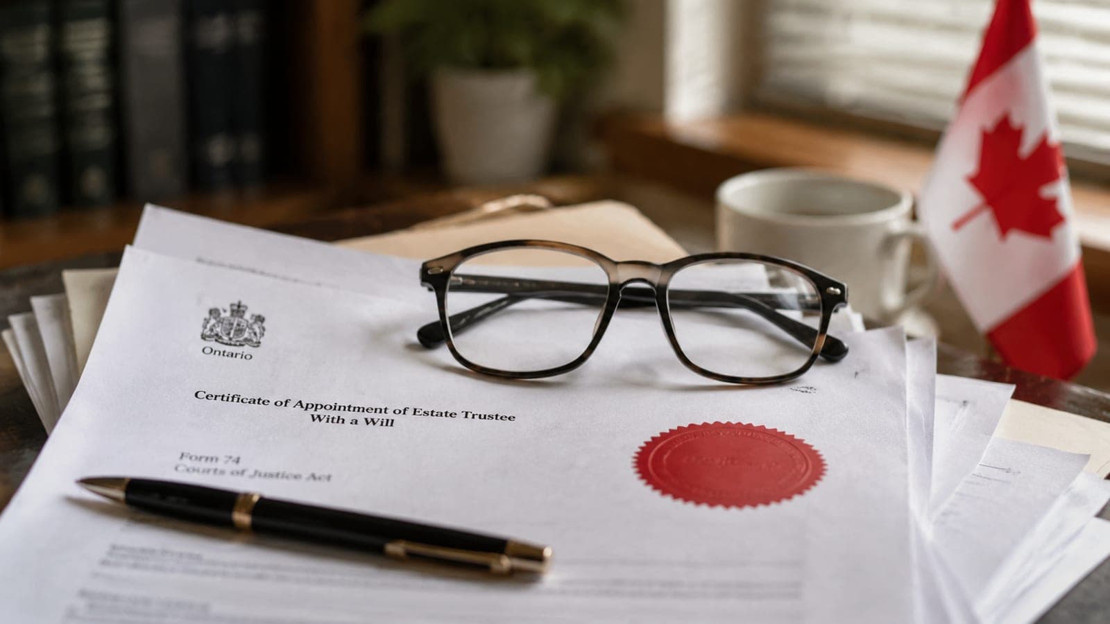 Reading glasses resting on a stack of estate documents — careful review at the boundary of notary and lawyer work