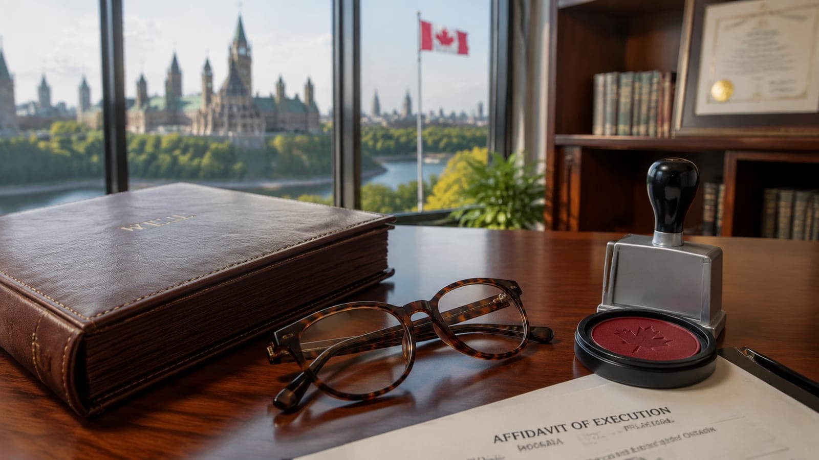A leather-bound will, eyeglasses and a notary seal on a wooden desk in an Ottawa office, ready for an affidavit of execution appointment