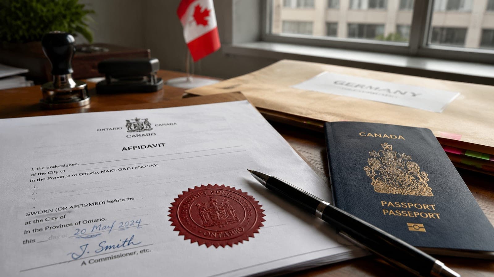 A notary's seal pressed onto a sworn affidavit beside a Canadian passport and a destination-country folder, illustrating when an apostille is the right answer for international documents