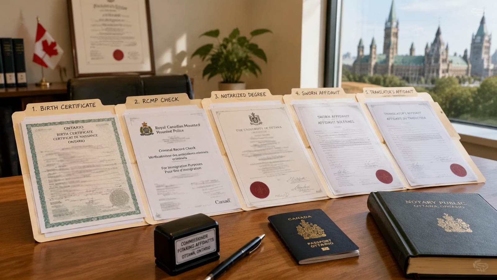 A stack of typical apostille files — Ontario birth certificate, RCMP check, notarized degree, sworn affidavit, and translator's affidavit — in an Ottawa notary office, illustrating where each document goes for authentication
