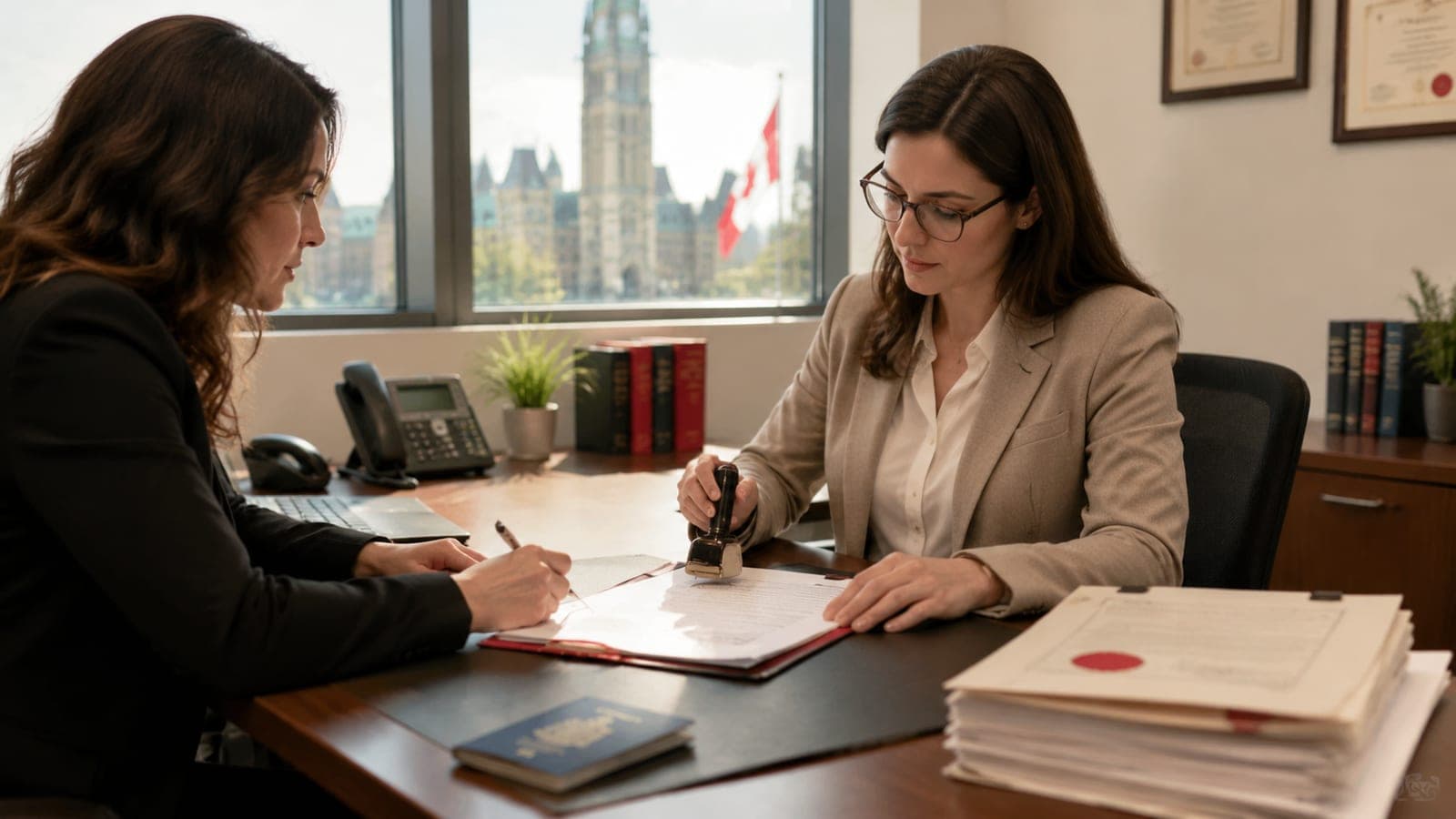A lawyer's drafted document being prepared for notarization at an Ottawa office, illustrating the boundary between legal advice and notarial execution in apostille files
