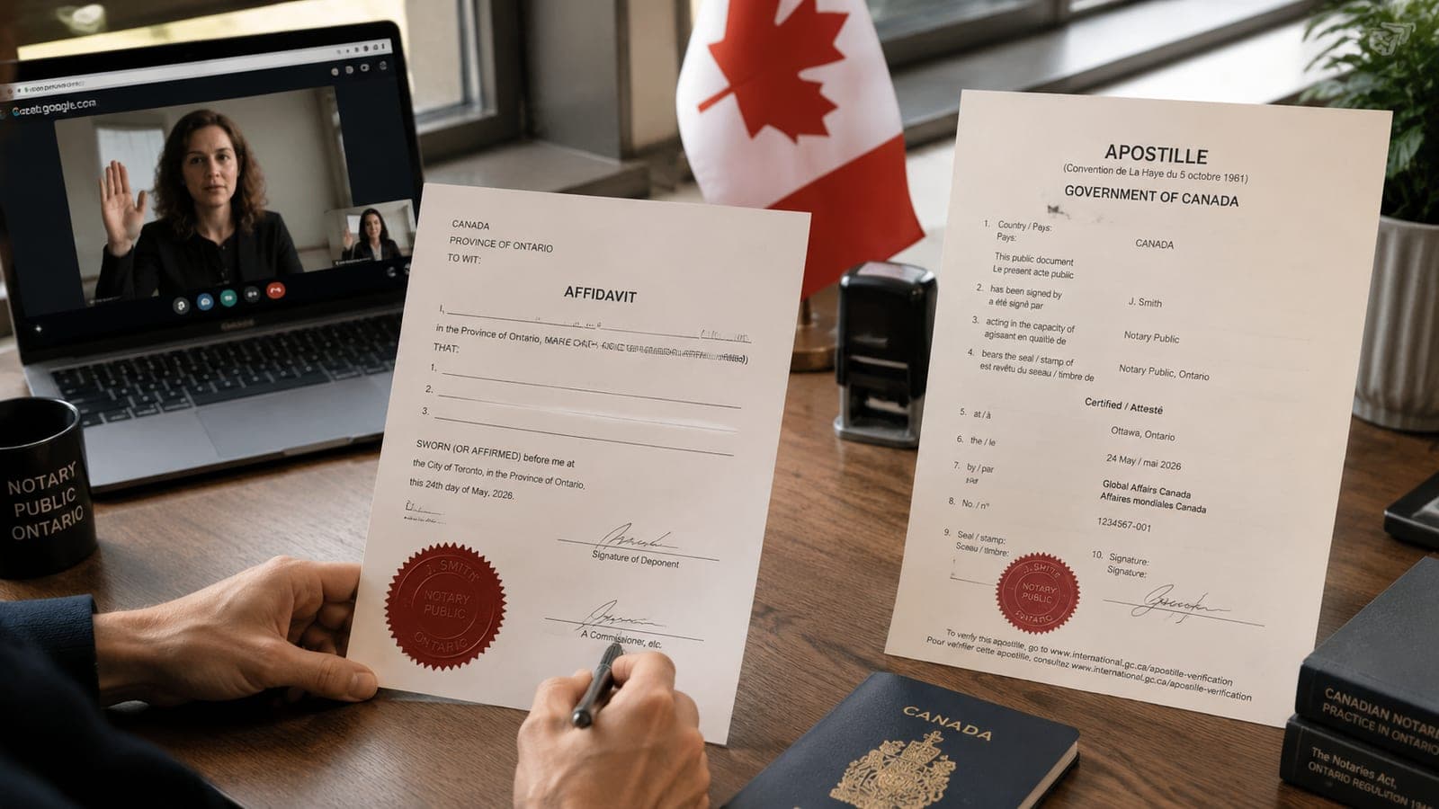 An Ontario notary's seal applied to an affidavit alongside a federal apostille certificate, showing the two-step pathway from notarization to apostille for Canadian documents going abroad in 2026
