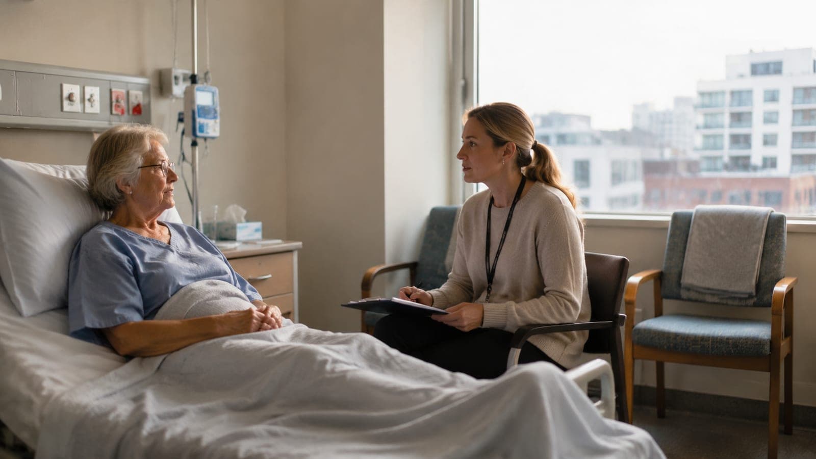 Notary listening to a patient at bedside, two empty chairs nearby, soft window light