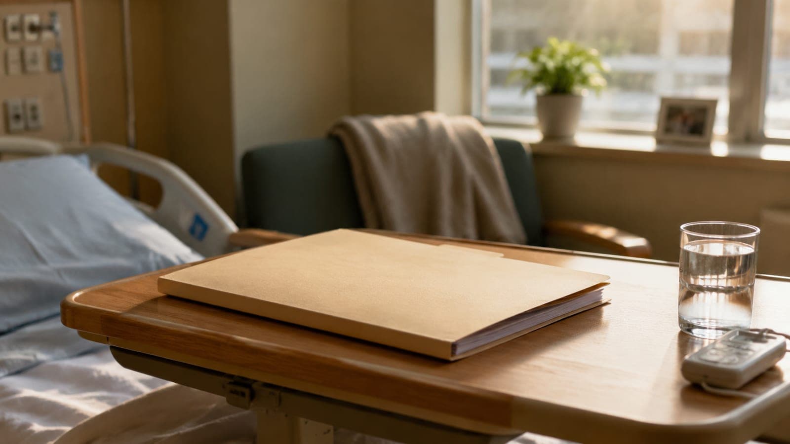 Closed folder of legal documents resting on a hospital bedside table, calm warm light