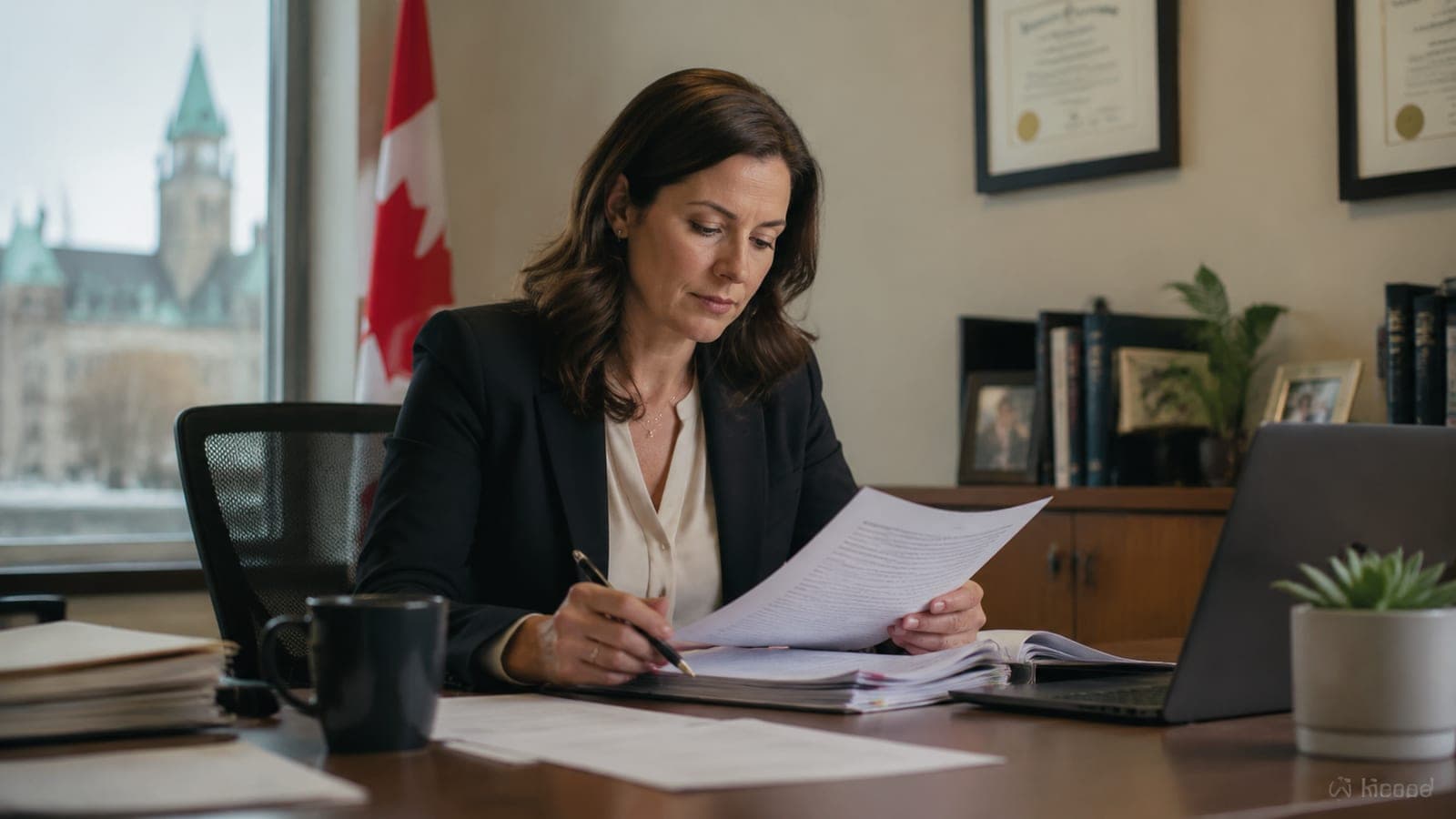 Lawyer reviewing documents in a quiet office before a bedside visit, soft daylight