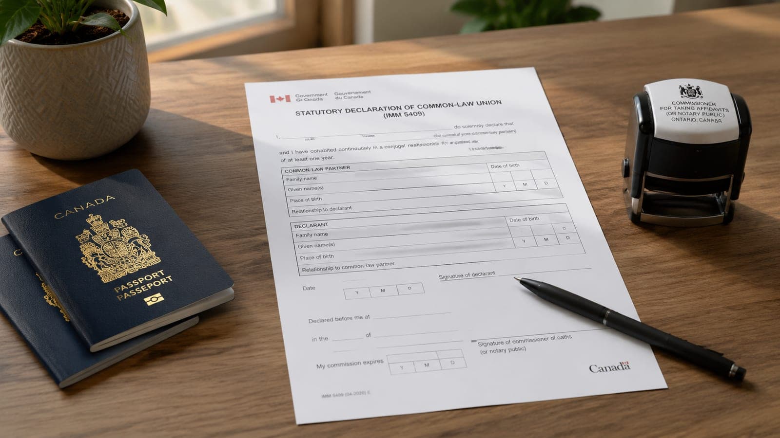 A blank IMM 5409 form on a desk beside two passports, a pen, and a notary seal