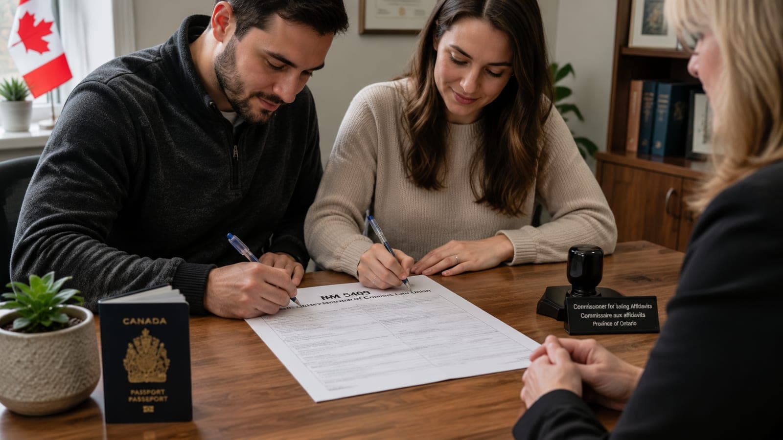 A couple's hands signing the IMM 5409 across a wooden desk, with a notary seal in the corner of the frame