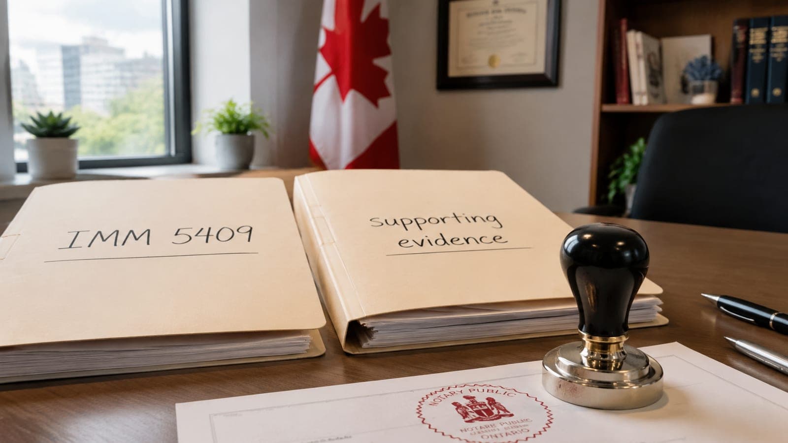 A folder labelled "IMM 5409" beside a folder labelled "supporting evidence" on a desk, with a notary seal in the foreground