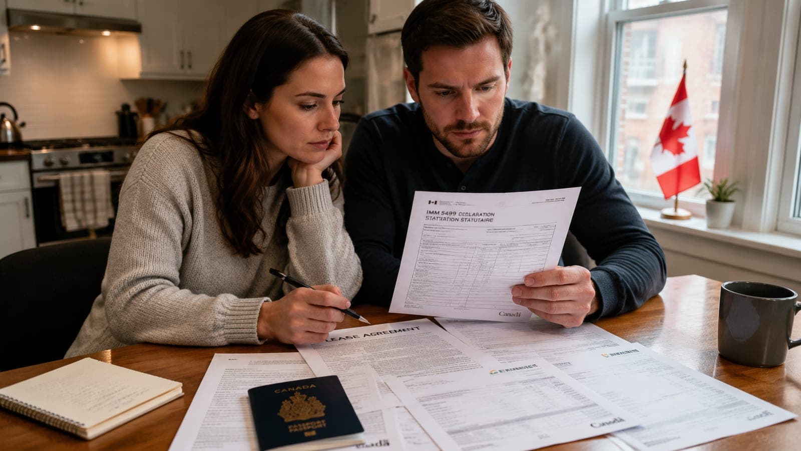 Couple at a kitchen table reviewing IMM 5409 form alongside a lease, joint bills, and a Canadian passport