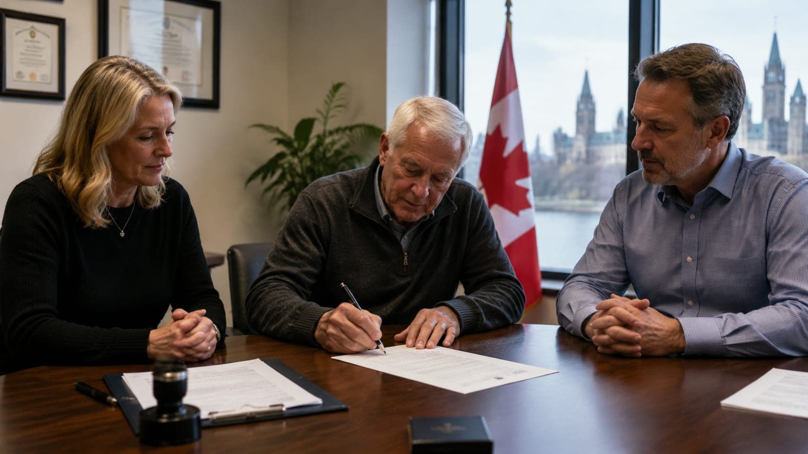 Two qualified witnesses watching the grantor sign a continuing power of attorney for property at an Ottawa notary's table