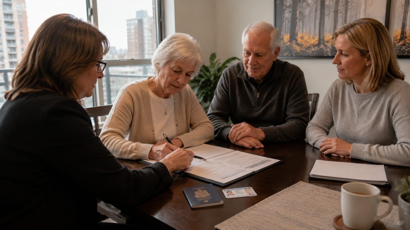 Mobile notary witnessing a continuing power of attorney for property at an Ottawa condo dining table, with two qualified witnesses present