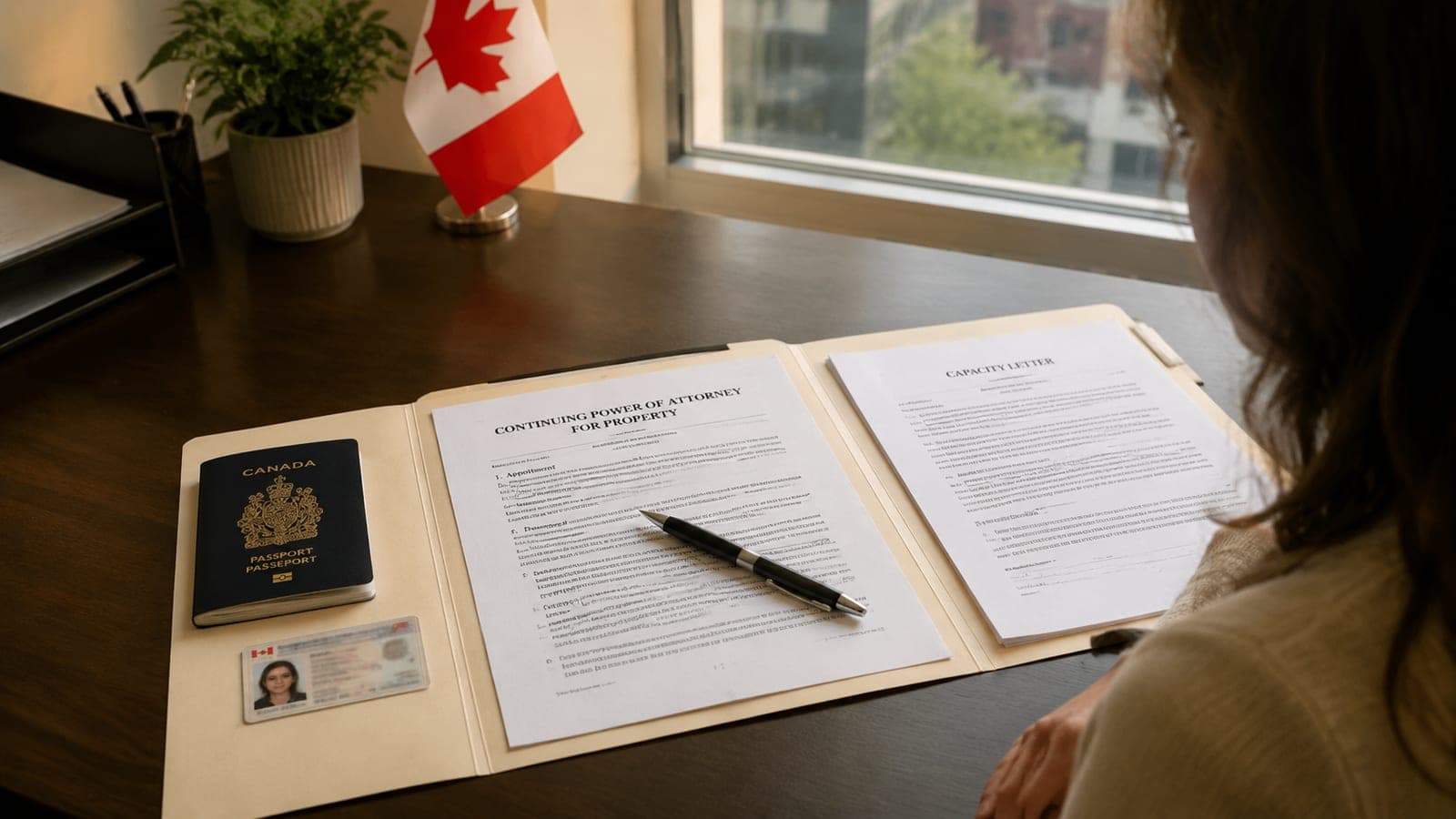 A grantor's folder containing a drafted continuing power of attorney for property, government photo identification, and a lawyer's capacity letter, ready for an Ottawa notary appointment