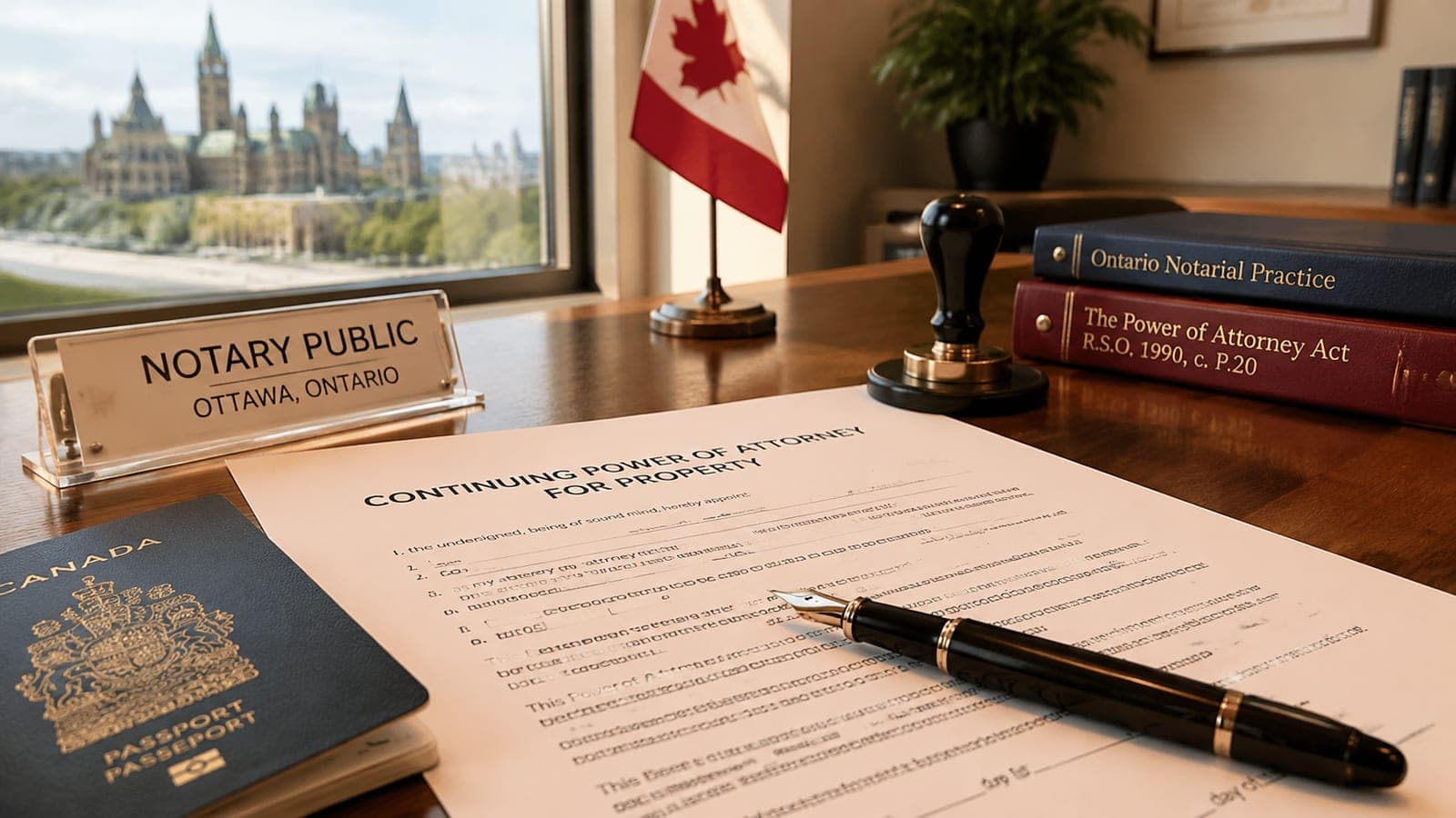 Continuing power of attorney for property document on a desk in an Ottawa notary office, with a fountain pen and a notary seal, ready for witnessing