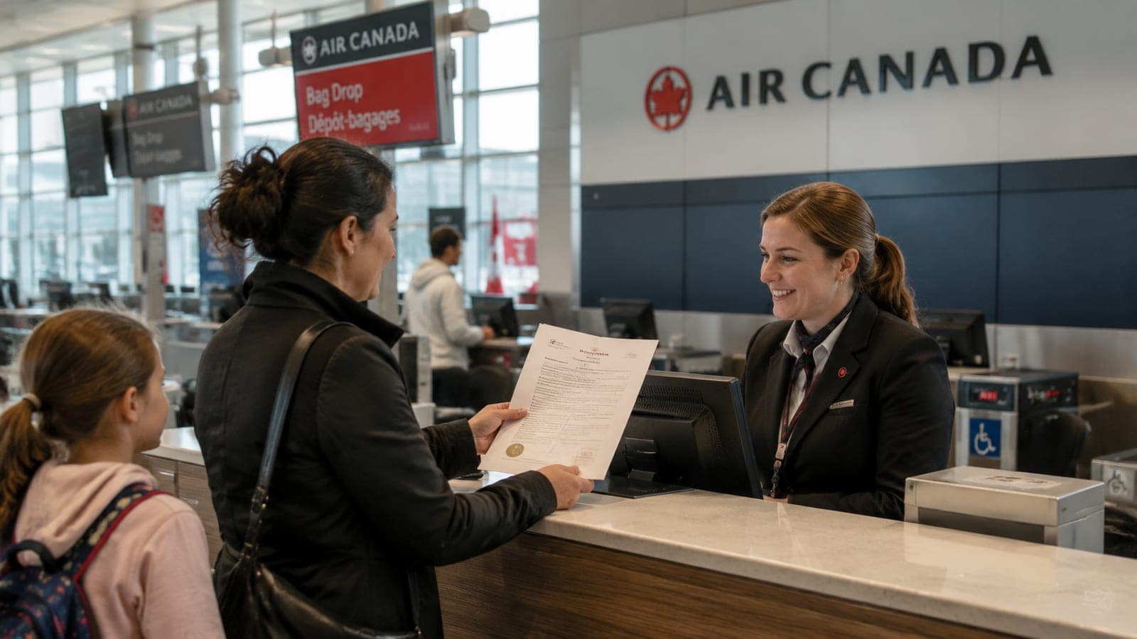 Air Canada check-in counters at Ottawa Macdonald-Cartier International Airport in early morning, with a parent showing a notarized travel consent letter to the agent