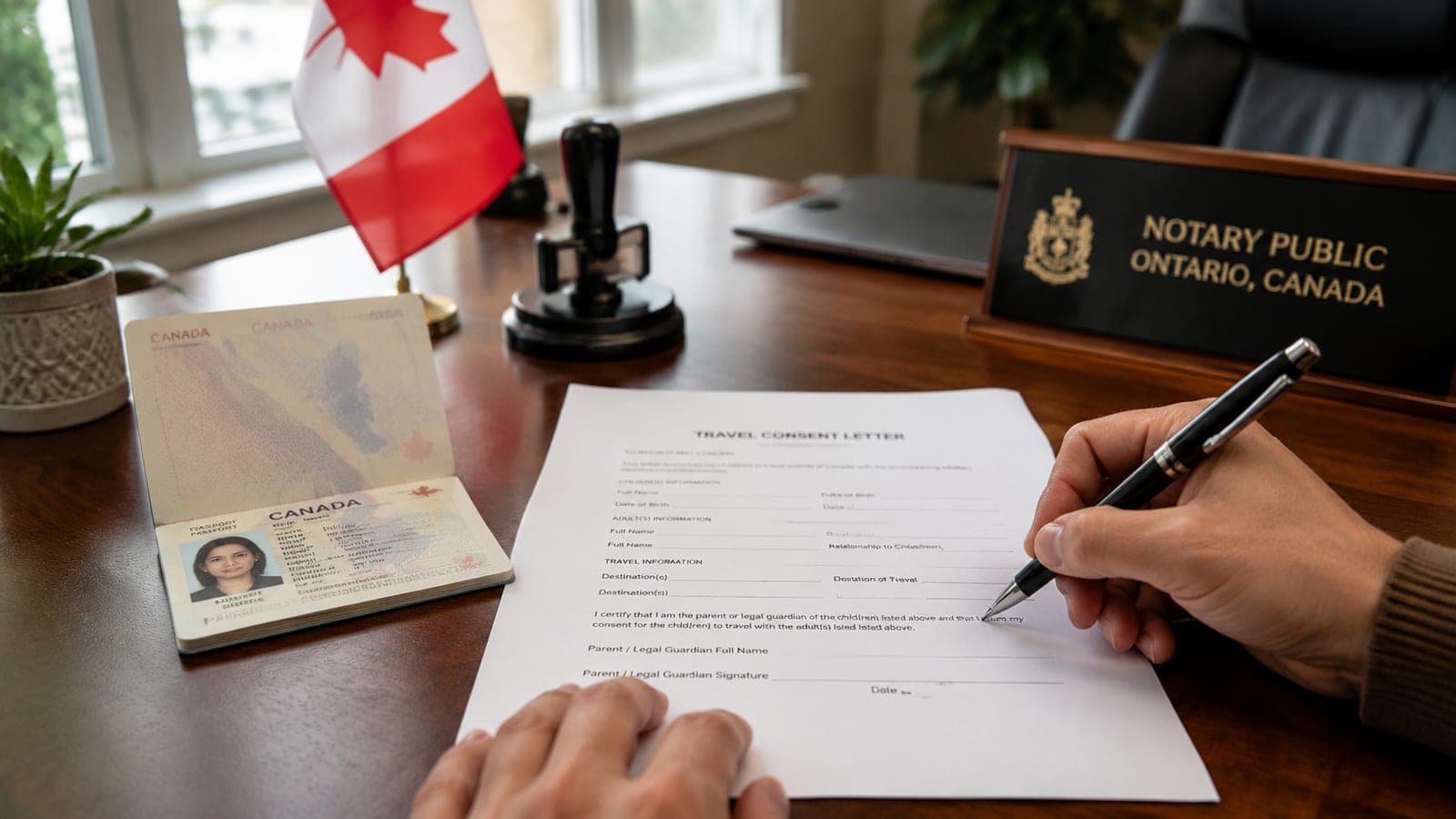 A notary public's desk in Ottawa with a printed travel consent letter, a passport open to the photo page, and a parent's pen mid-signature