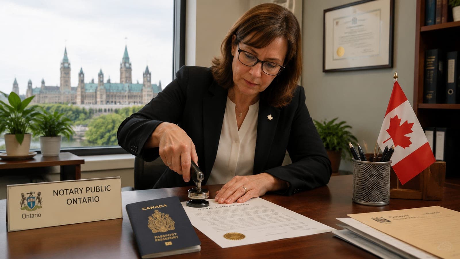 A notary public sealing a travel consent letter with an embossing stamp on a desk in Ottawa, with the original child's passport visible