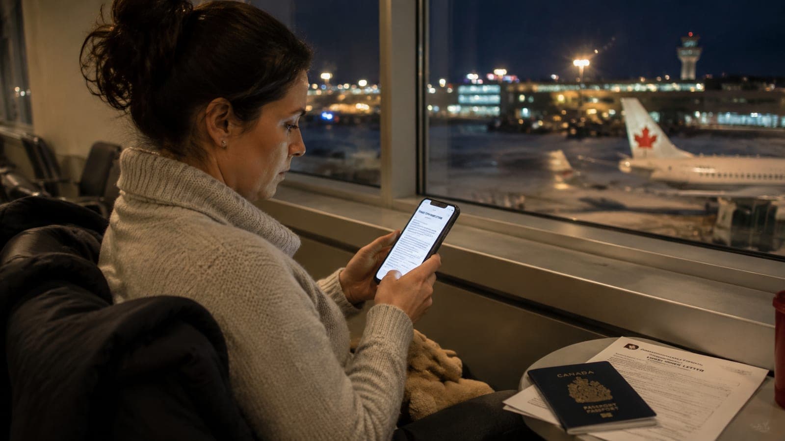 A parent at the Ottawa airport reading a travel consent letter on their phone the night before a flight