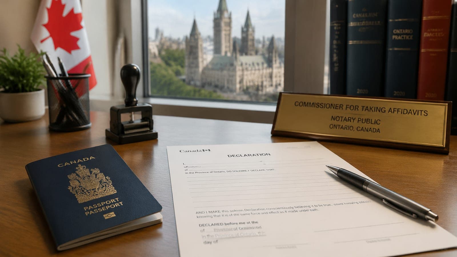 A pen and a Canadian passport on a notary's desk in Ottawa with a printed declaration form ready to be signed