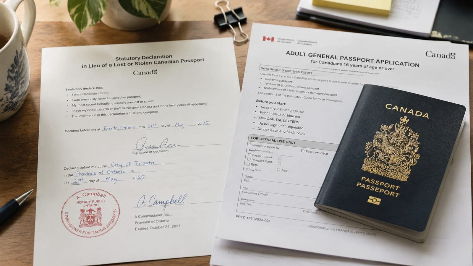 A notary's seal pressed onto a printed lost-passport statutory declaration with a Canadian passport application beside it