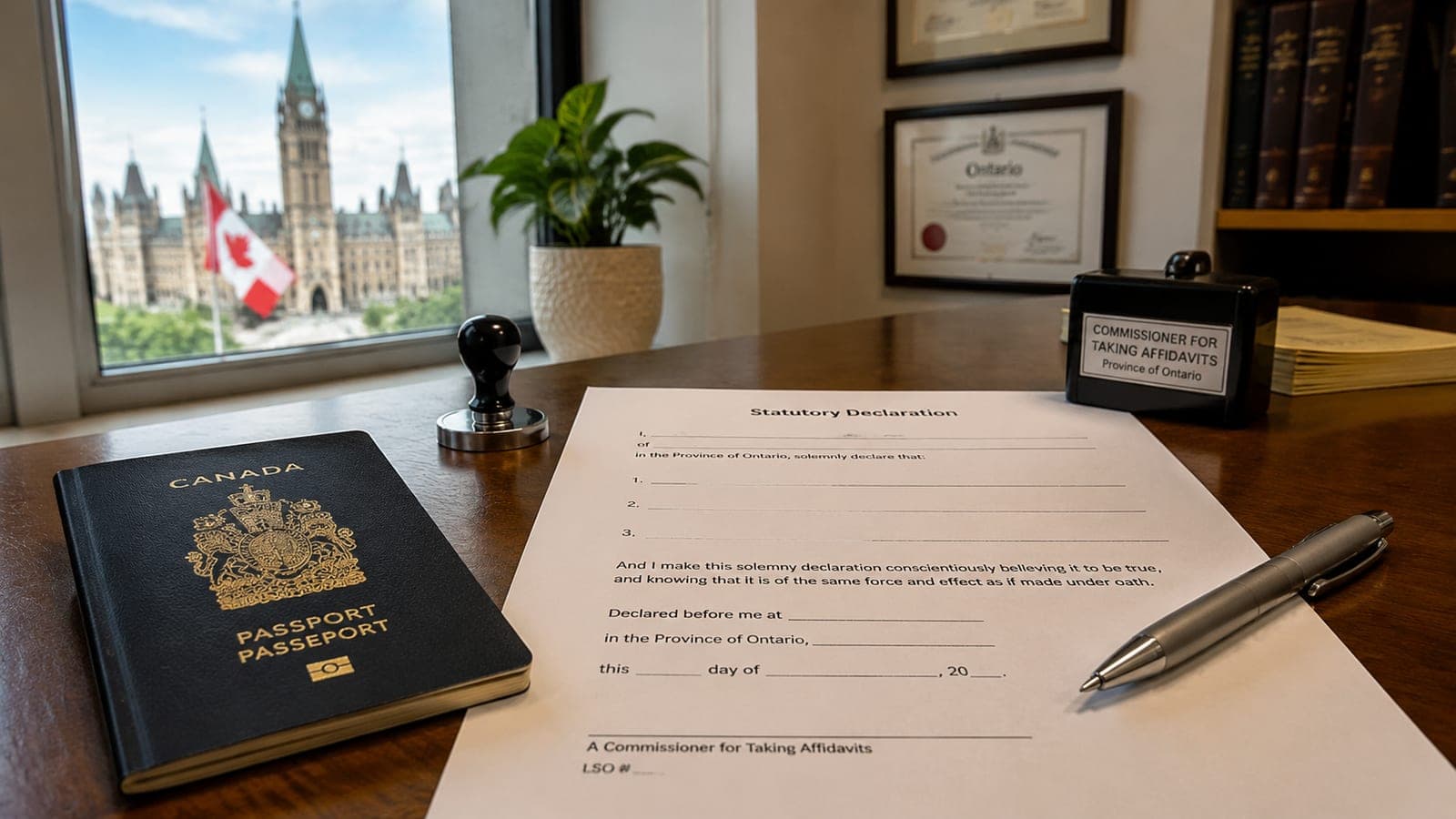 A Canadian passport on a desk with a pen, an unsigned statutory declaration, and a notary's seal at an Ottawa office