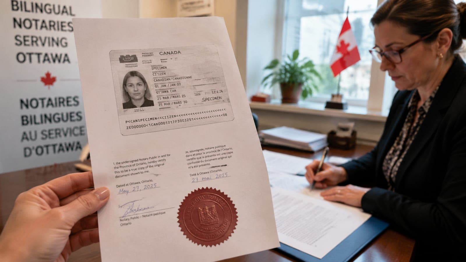 A notary's seal pressed onto a certified true copy of a passport in a bilingual Ottawa office, illustrating notarial copy versus certified copy