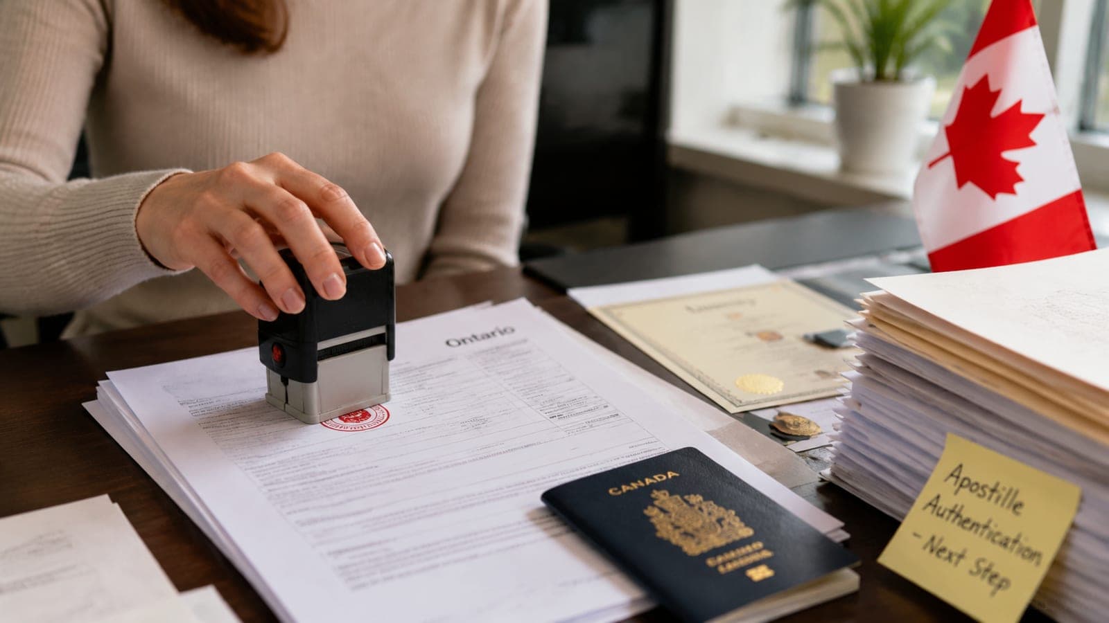 Documents being prepared for apostille after notarization, illustrating the post-notary authentication step for Canadian documents going abroad