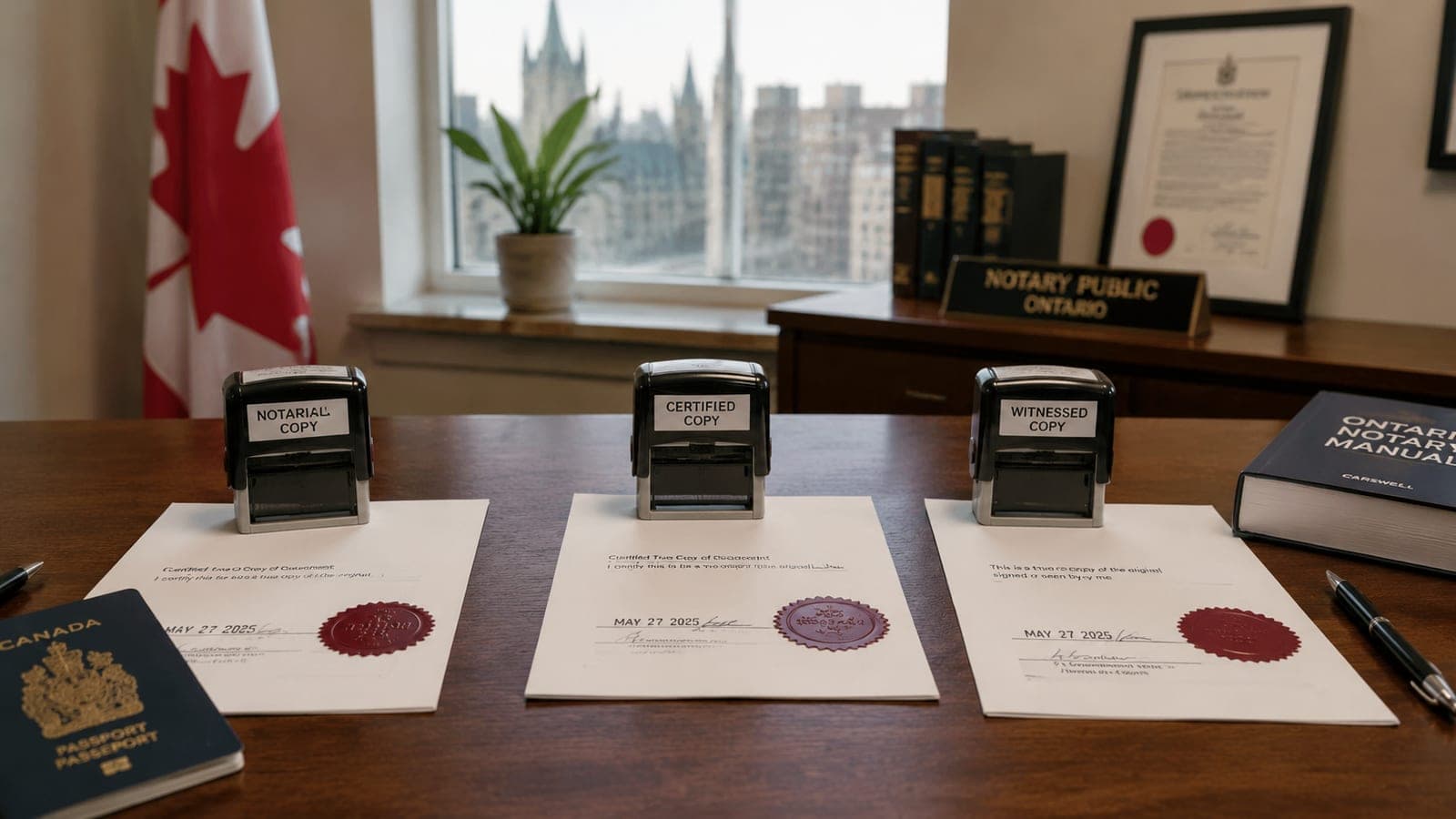 Three near-identical sets of certified copy stamps and seals on a notary desk in Ottawa, illustrating notarial copy vs certified copy vs witnessed copy