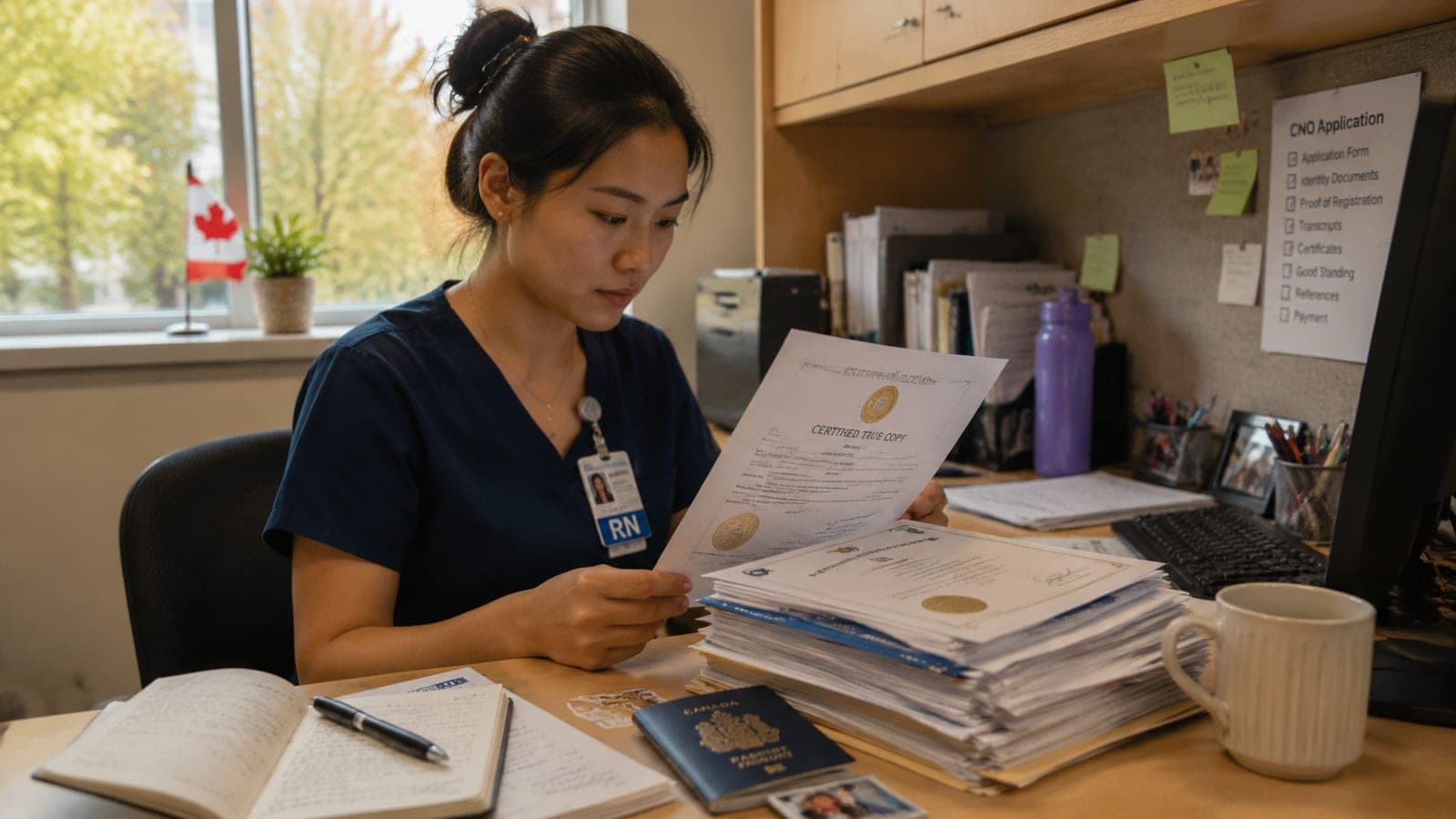 Nurse at a desk reviewing a stack of certified true copy documents — diploma, ID, transcripts — for a CNO or BCCNM application
