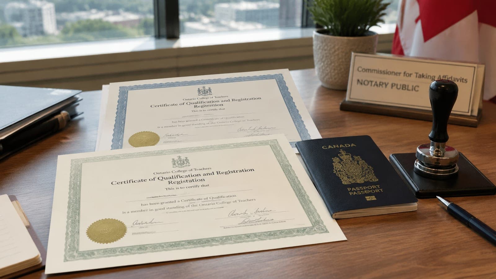 A pair of provincial teaching certificates and a passport laid out on a notary's desk in Ottawa, ready for certified true copies before a labour-mobility application