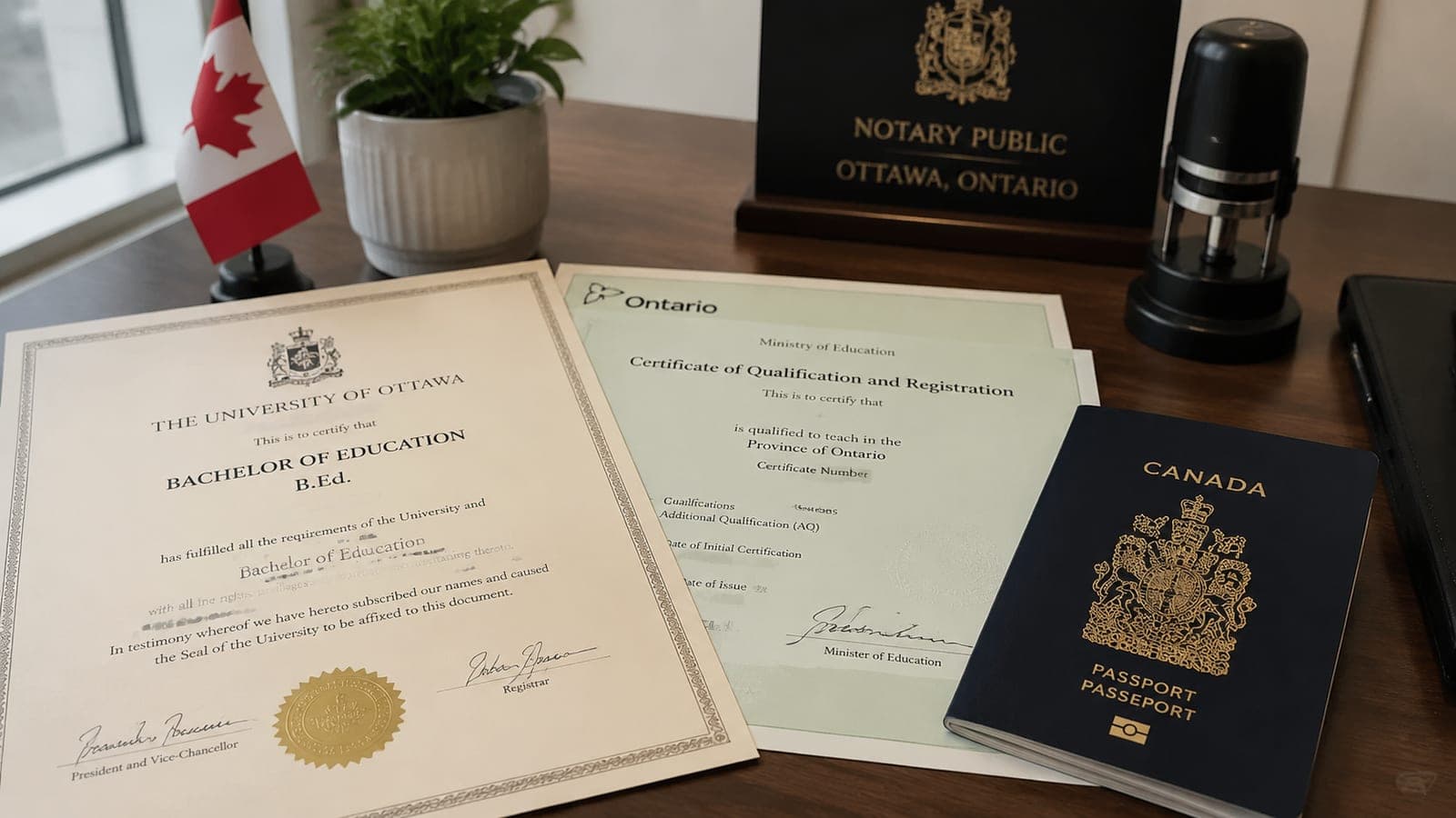 A close-up of a B.Ed. parchment, an out-of-province teaching certificate, and a passport laid out for the certified true copy step at an Ottawa notary's desk