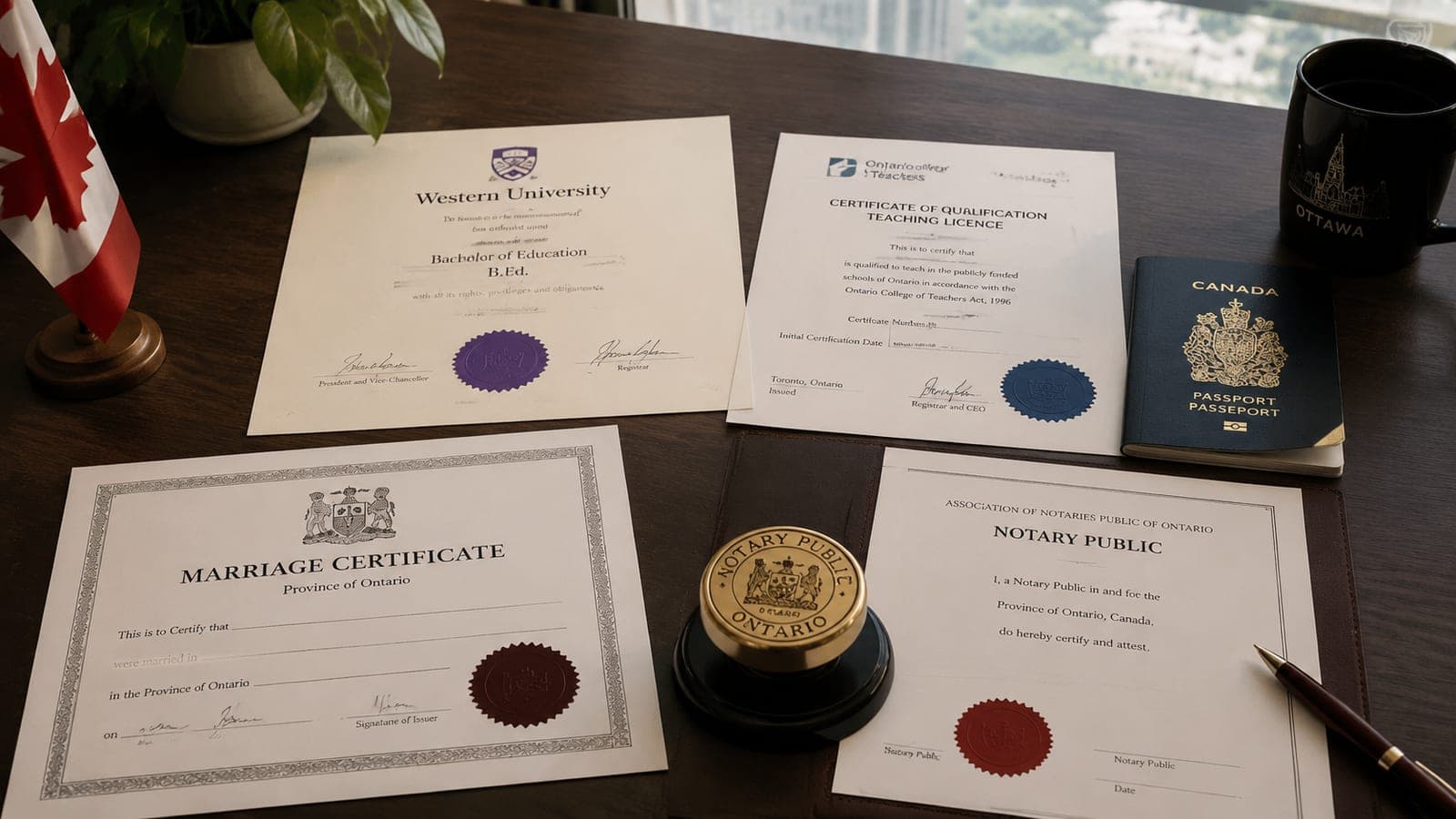 A B.Ed. parchment, a foreign teaching licence, and a marriage certificate laid out alongside a notary public's seal and certificate page on a desk in Ottawa