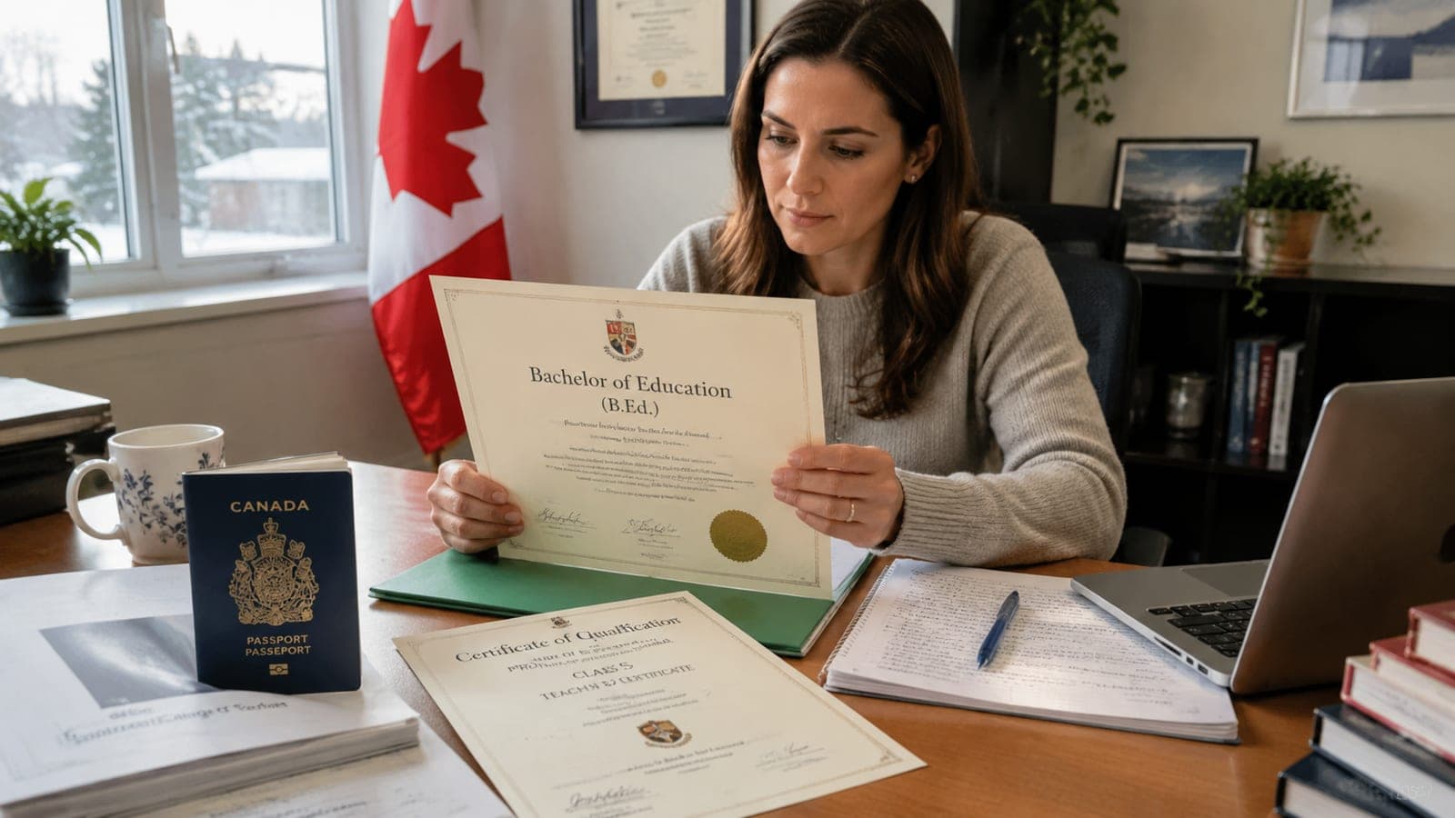 A teacher at a desk reviewing a B.Ed. parchment, a passport, and an out-of-province teaching certificate ready for an Ontario College of Teachers application package