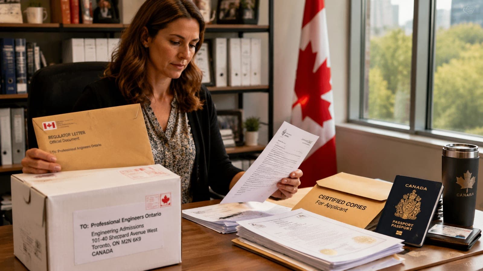 Inline 1 — Engineers Canada mobility document flow showing regulator letters going directly to PEO and certified copies travelling with the applicant