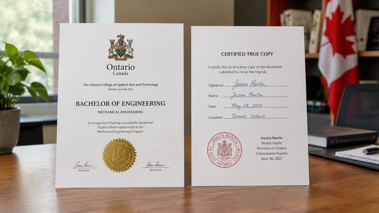 Inline 2 — Side-by-side comparison of an original engineering degree and a certified true copy with notarial seal and signature