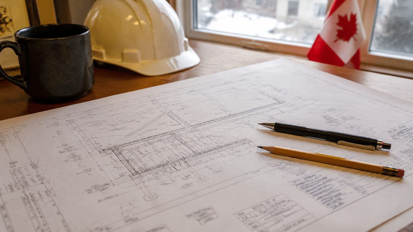A close-up of an engineering blueprint with a pen and pencil resting on a desk