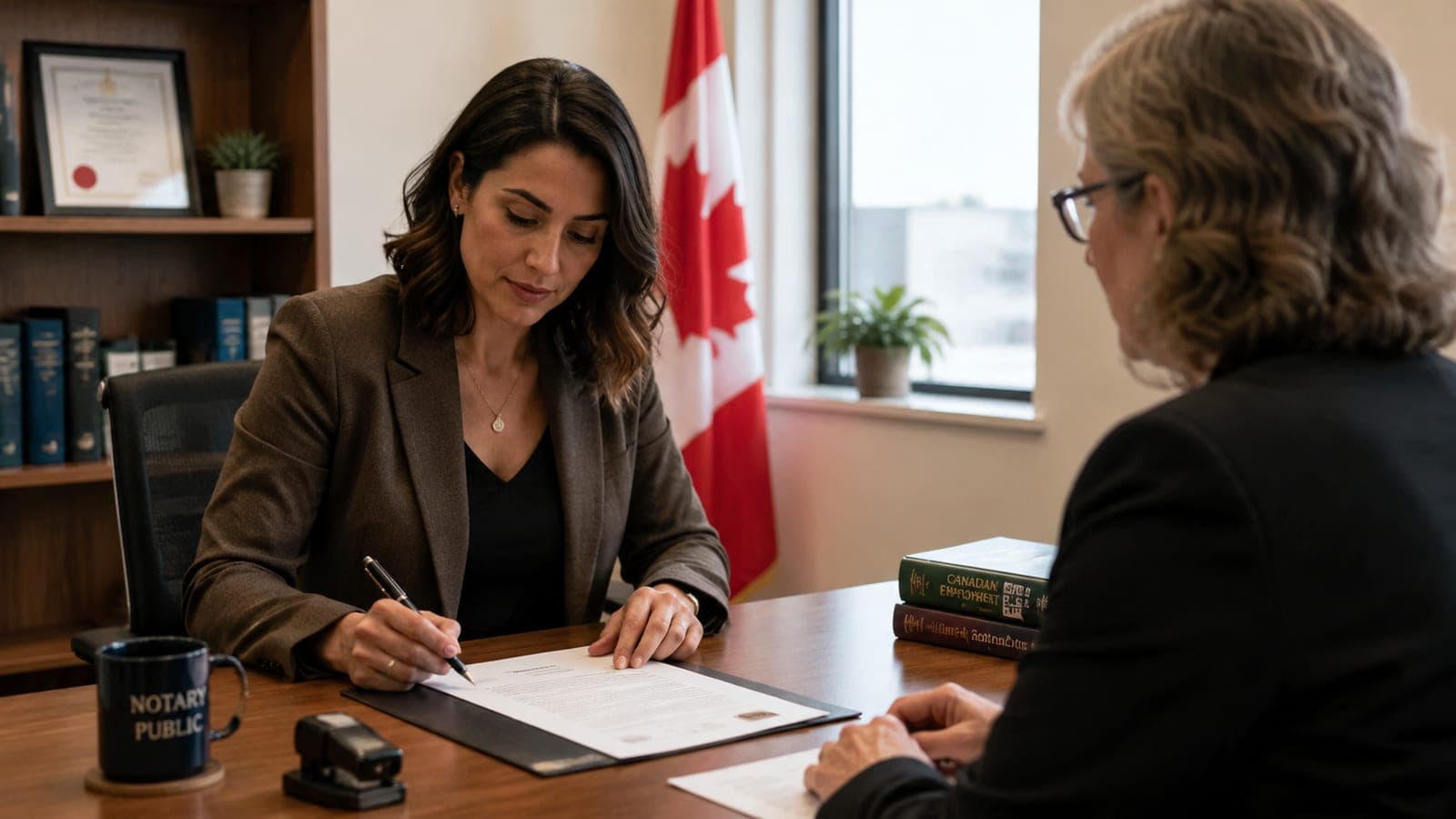HR representative reviewing a draft employment letter on company letterhead before signing in front of a notary