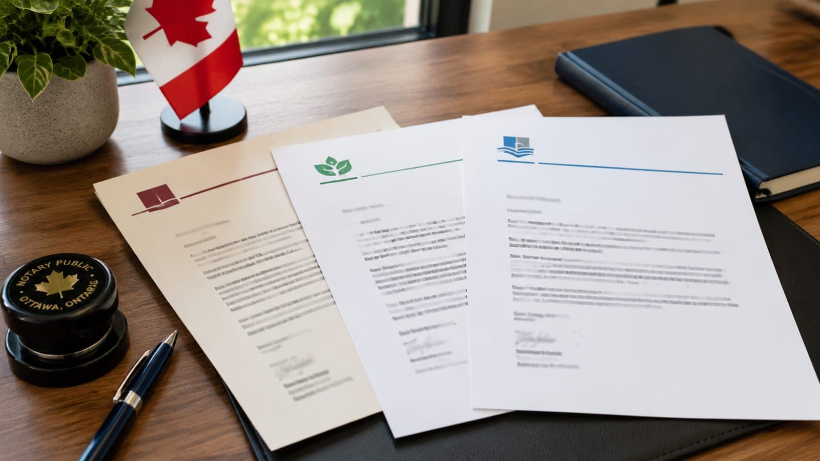 Three different employment letters on different letterheads stacked on an Ottawa notary's desk, illustrating the variety of receiver requirements