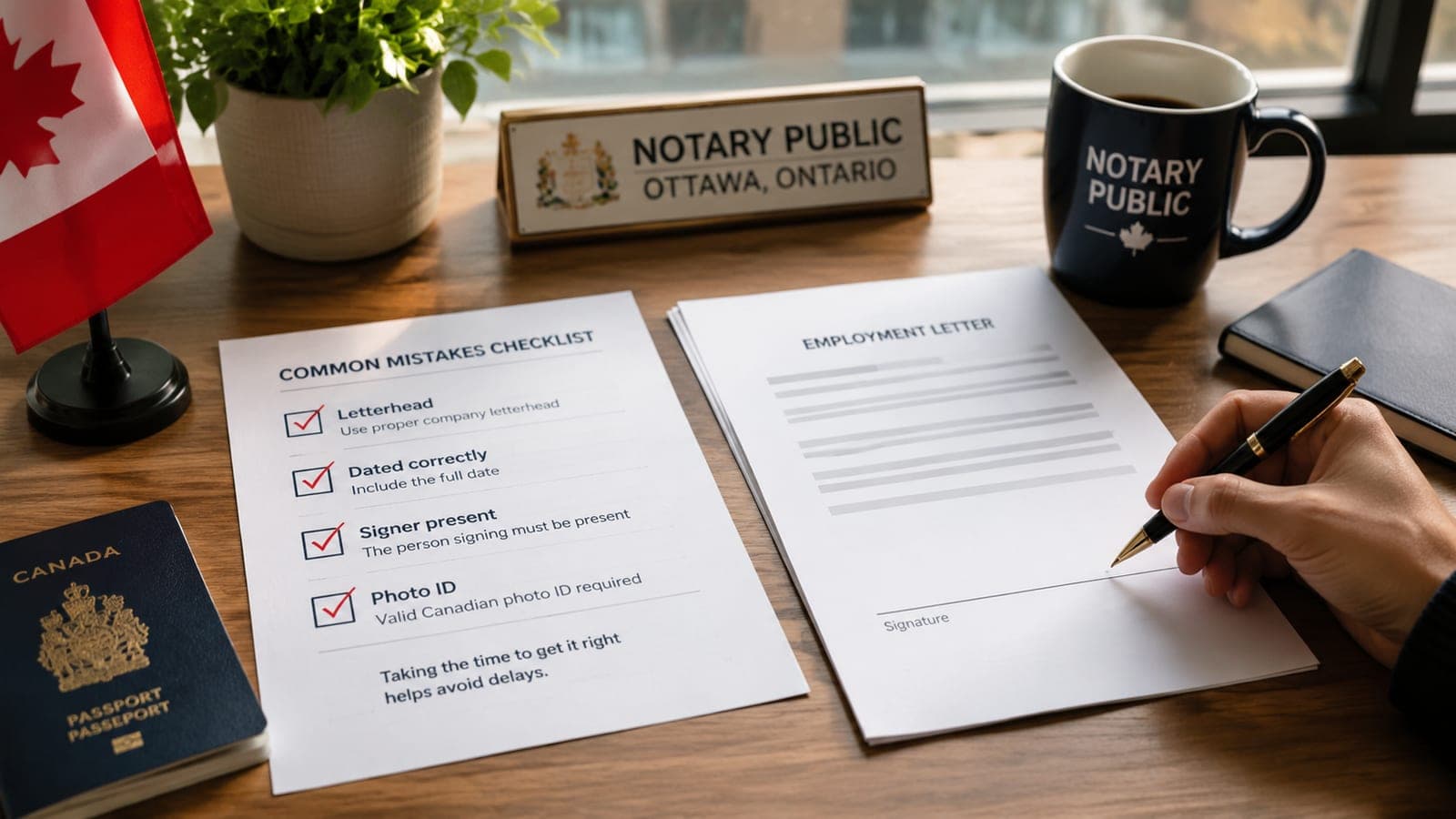 Common mistakes checklist on an Ottawa notary's desk — letterhead, dated correctly, signer present, photo ID — beside an unsigned employment letter