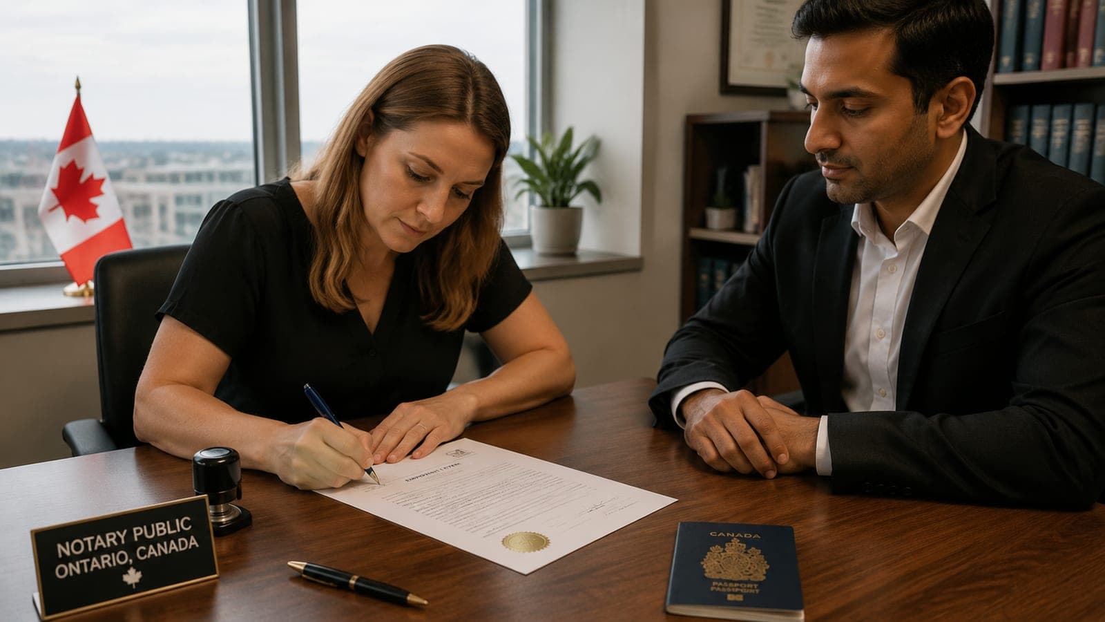 Notarized employment letter on company letterhead being signed in front of an Ottawa notary public, with a notary seal and pen on the desk