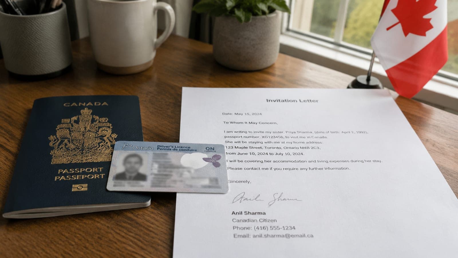Two pieces of Canadian government ID — a passport and an Ontario driver's licence — laid beside a printed letter of invitation, ready for an Ottawa notary appointment