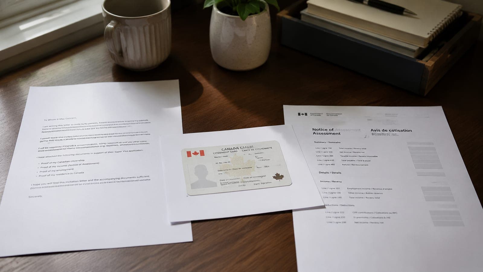 A printed letter of invitation, a photocopied citizenship card, and a Notice of Assessment laid out together on a desk for an Ottawa Super Visa file