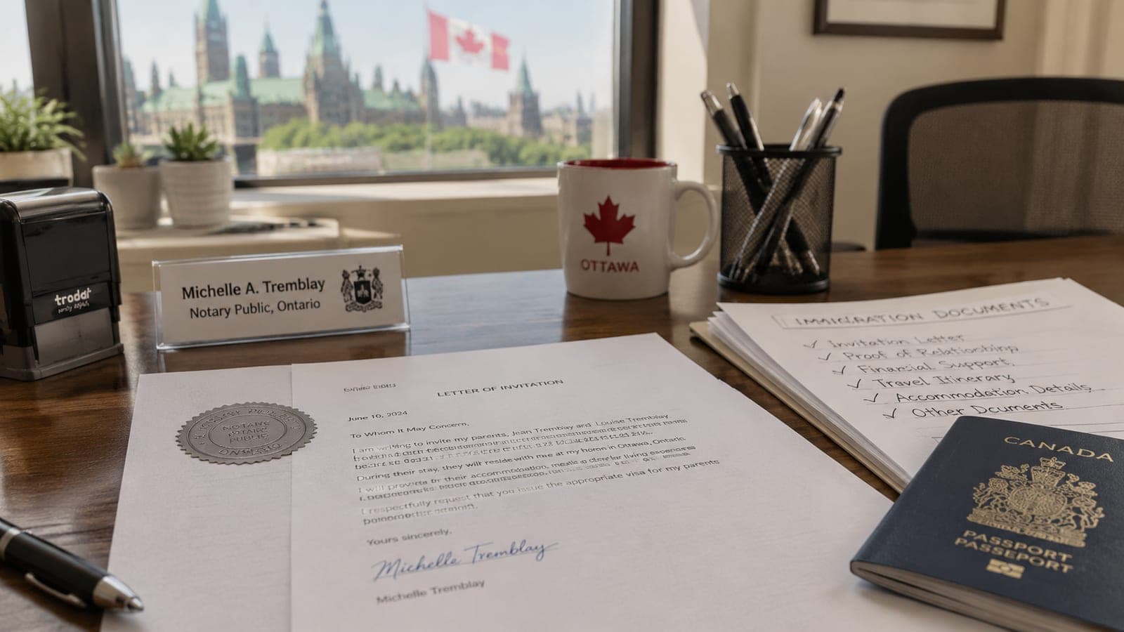 A notary's printed seal beside a signed page of a letter of invitation, with a folder of immigration documents nearby on a tidy office desk in Ottawa