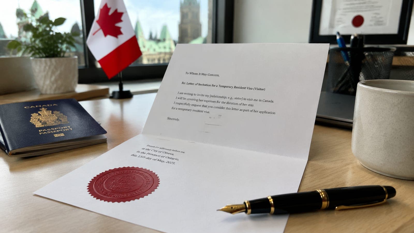 A folded printed letter on a tidy desk in an Ottawa office with a notary's seal and a fountain pen beside it, illustrating a notarized letter of invitation for a Canadian visitor visa