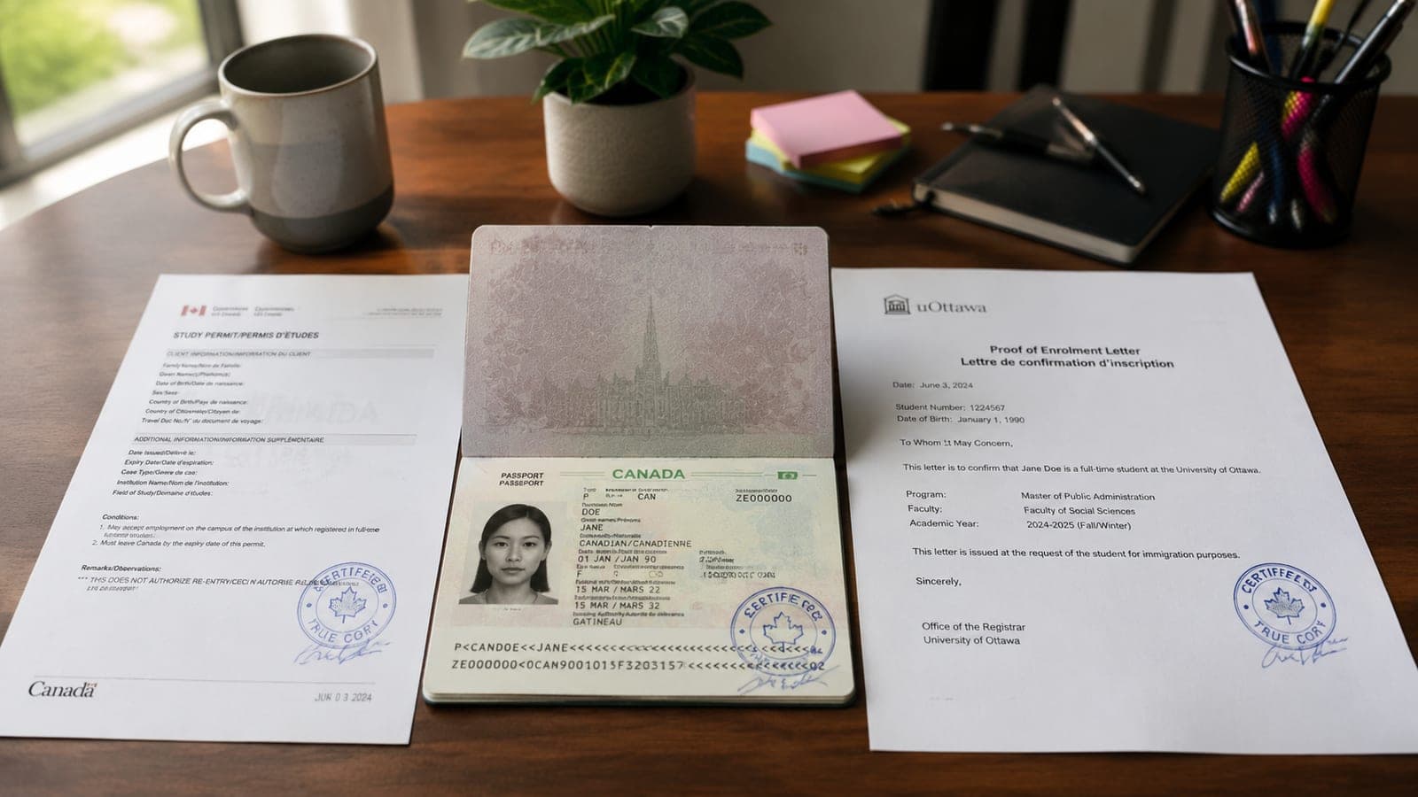 Inline 1: certified true copies of a study permit, passport biographical page, and a uOttawa proof of enrolment letter laid out on a desk for an IRCC submission