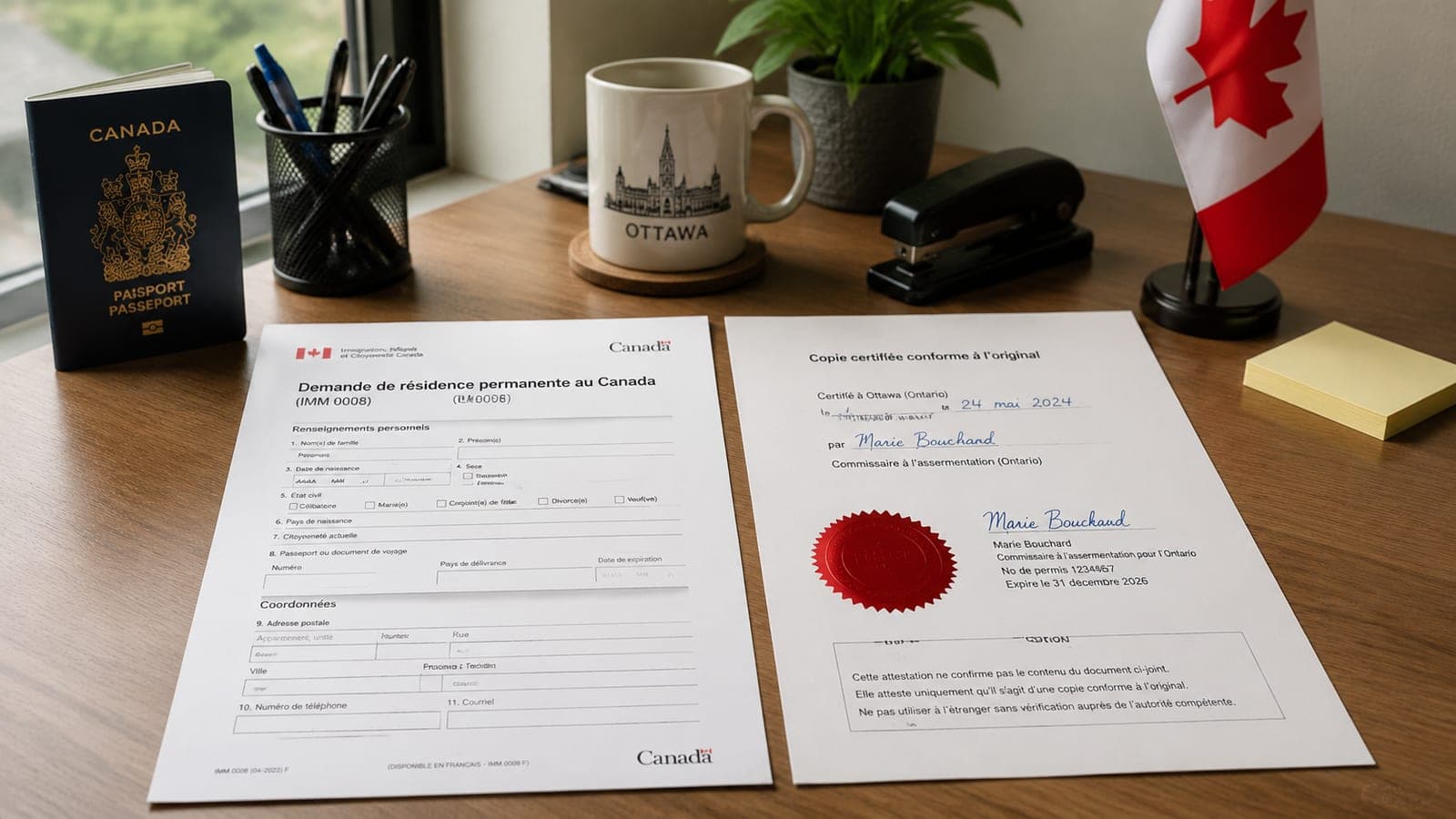 Inline 2: a French-language IRCC form beside its notary-certified copy on an Ottawa desk