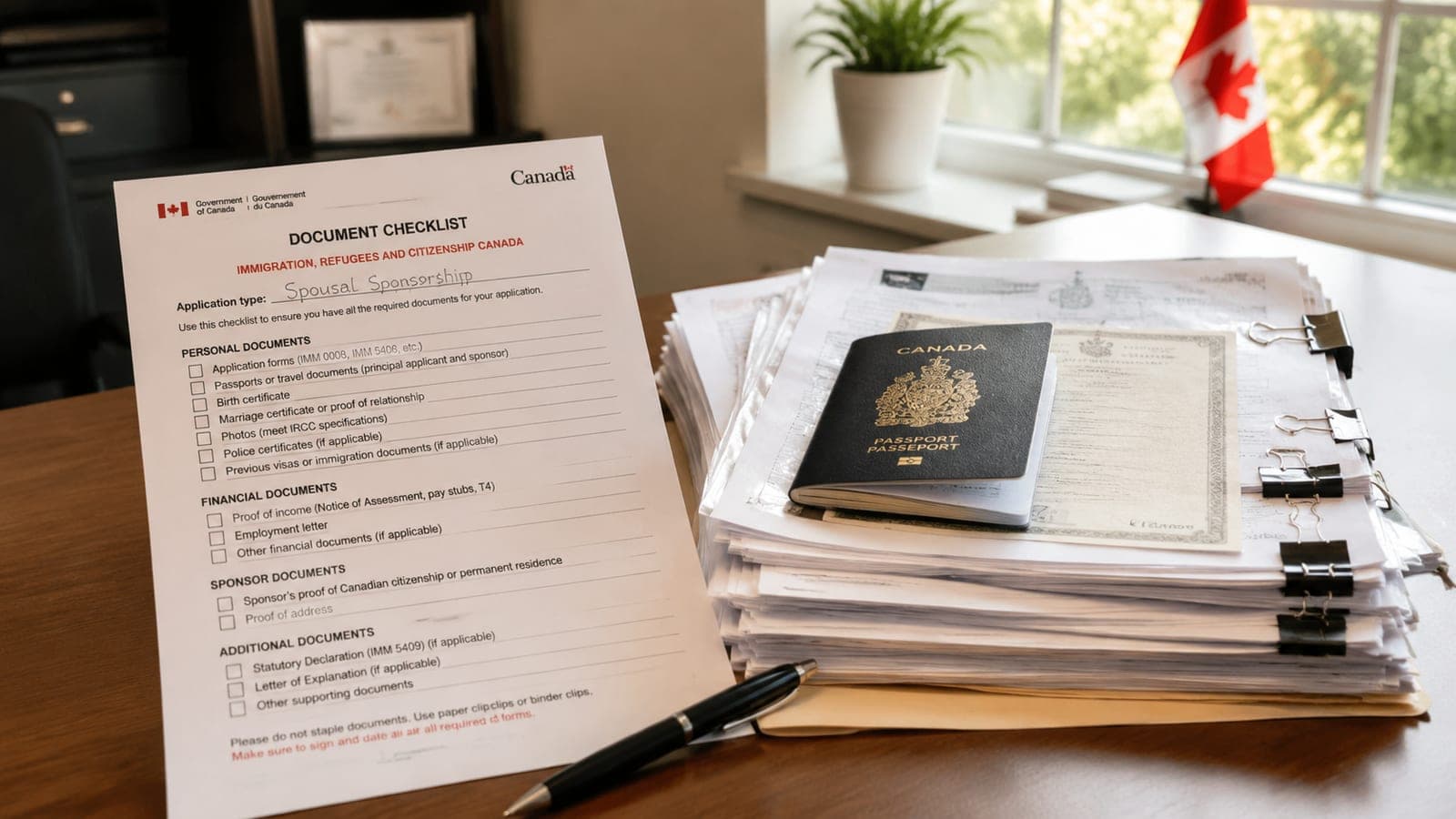 Inline 3: a printed IRCC checklist beside a stack of original documents and certified copies, with a pen ready for signature