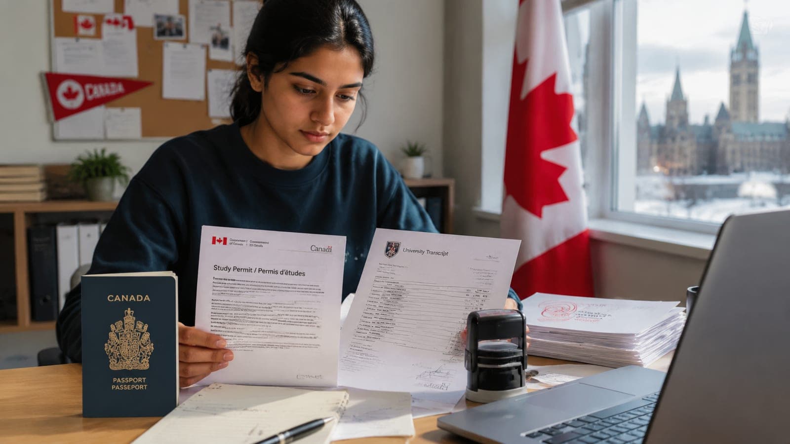 International student at a desk in Ottawa with a passport, study permit, university transcript, and certified true copy stamps ready for an IRCC application