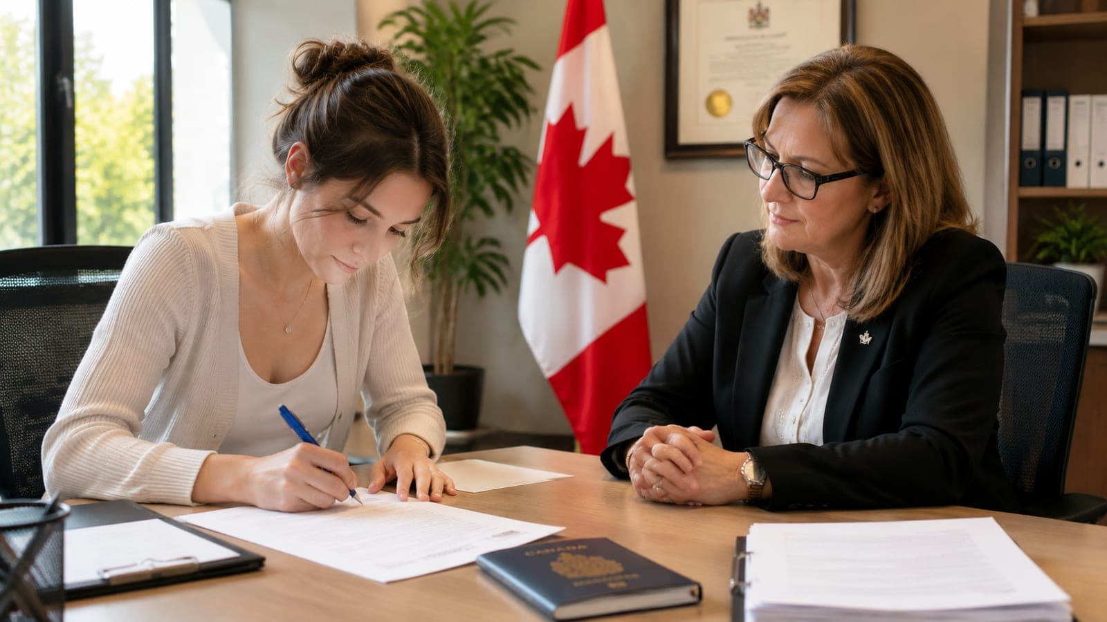 Client signing a sworn statement at a desk while the commissioner of oaths watches